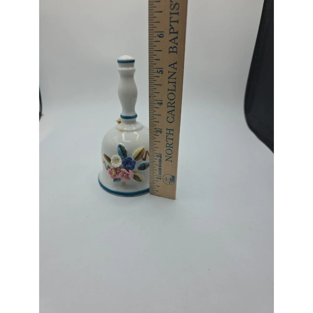 Vtg White Porcelain Bell With Raised Colorful Flowers Enesco 5.5